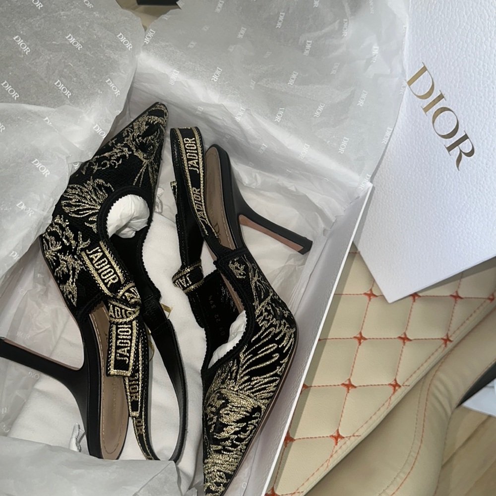 Lurex Ribbon Embroidered J'Adior Slingback 100mm Pumps 37 Black Gold - Picture 2 of 8